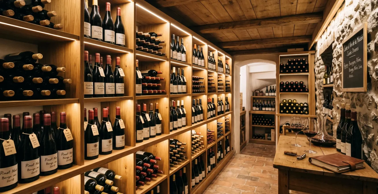 Cave à vin domestique avec bouteilles soigneusement rangées sur étagères en bois