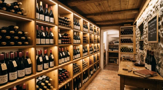 Cave à vin domestique avec bouteilles soigneusement rangées sur étagères en bois