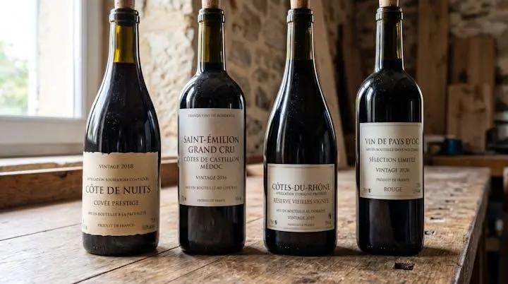 Étiquettes de bouteilles de vin de différentes gammes de prix et régions