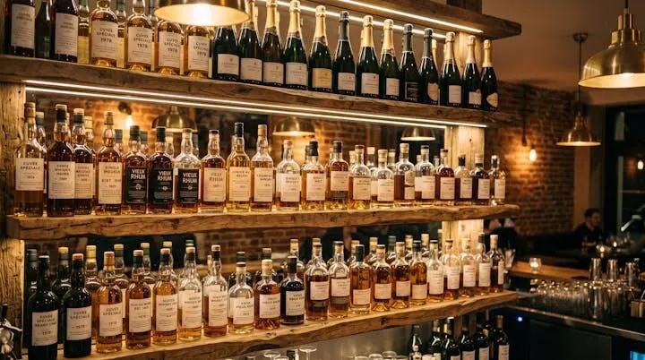 Sélection de spiritueux incluant whiskies, rhums et champagnes sur étagère