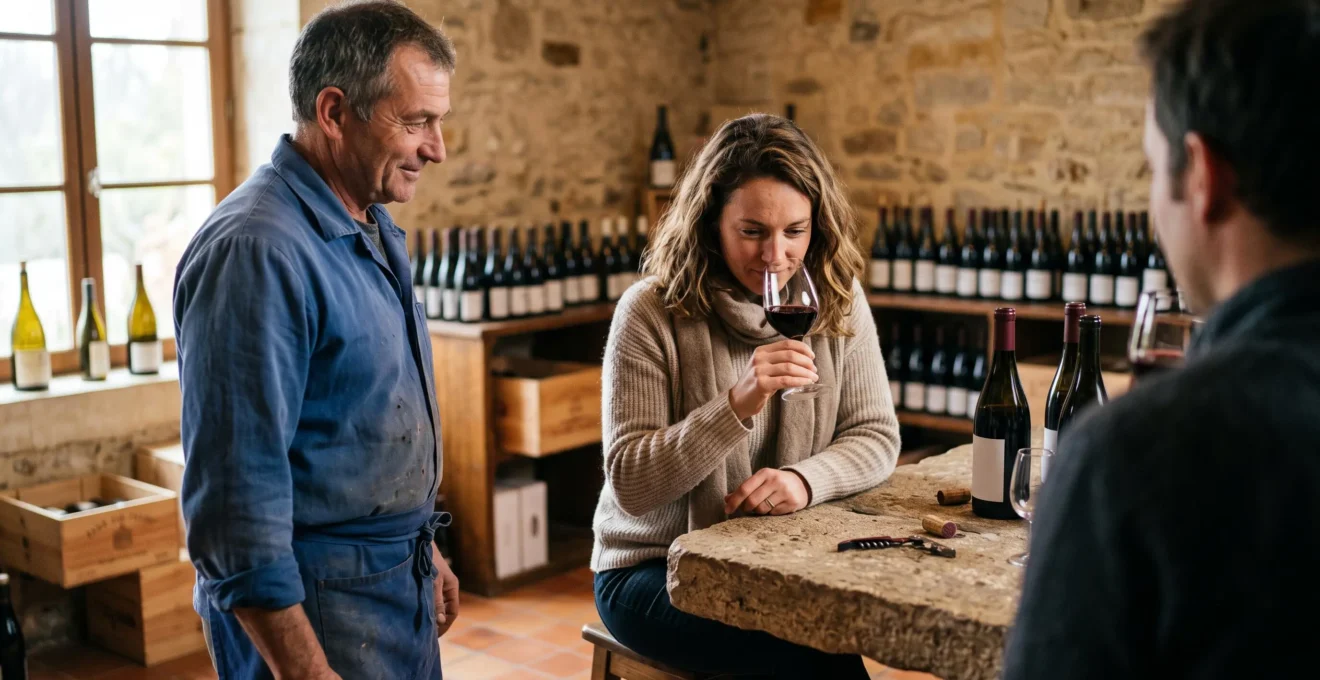 Une cliente sent un verre de vin rouge lors d'une dégustation au domaine auprès d'un vigneron.