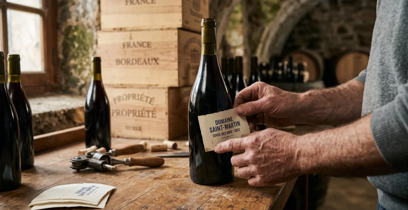 Mains d'un vigneron collant une étiquette en papier sur une bouteille de vin sur une table en bois.