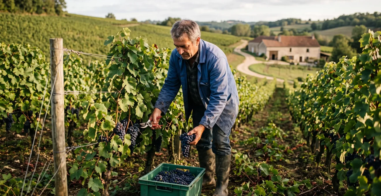 Un vigneron indépendant cueillant des grappes de raisin à la main dans un vignoble français en fin de journée.