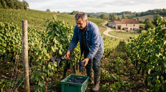 Un vigneron indépendant cueillant des grappes de raisin à la main dans un vignoble français en fin de journée.