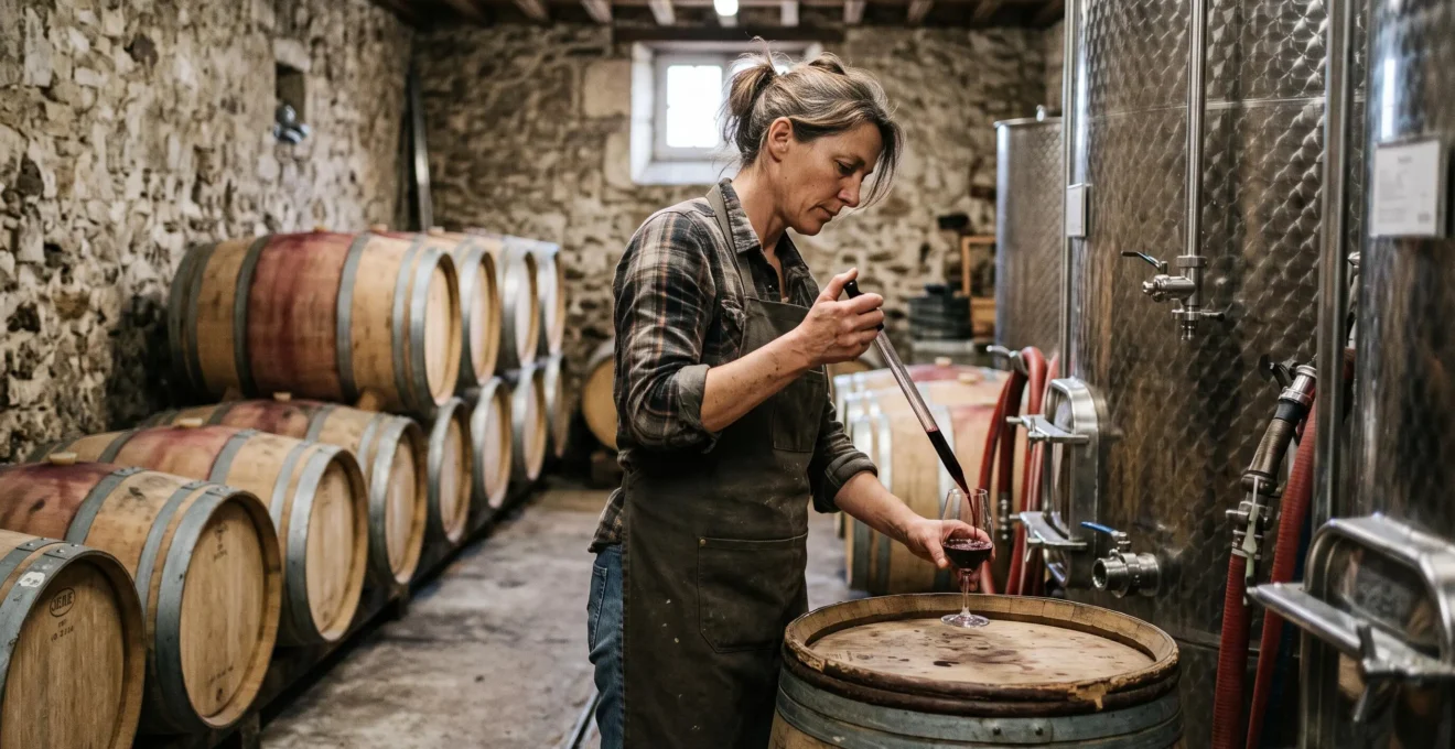 Une vigneronne prélève un échantillon de vin rouge depuis une cuve inox dans le chai de son domaine.